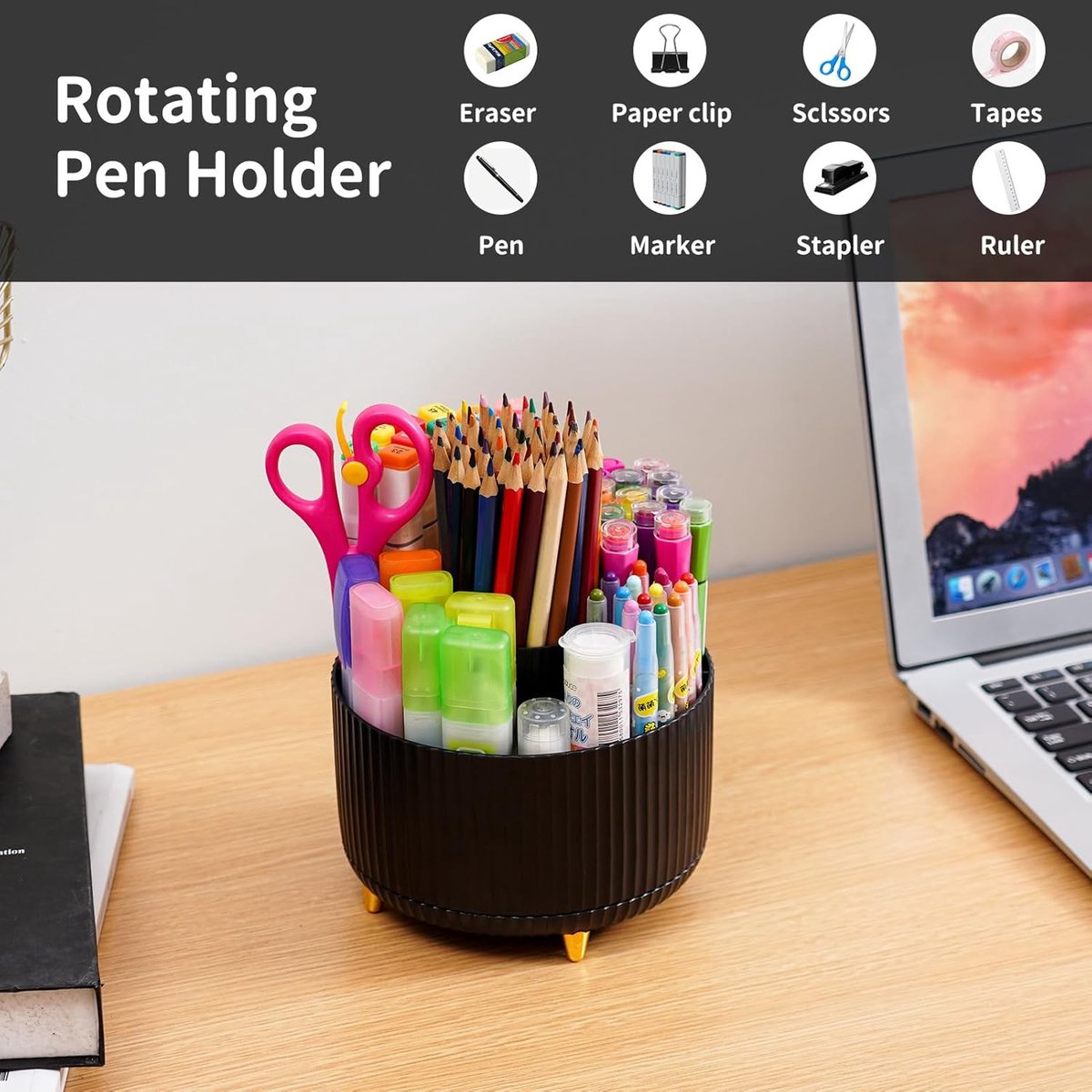 Desk storage box - 360-degree rotating office storage box - Pen holder - 5 pen sorting compartments - Space-saving desk storage box - Black - 15 × 12.5 cm — image 5