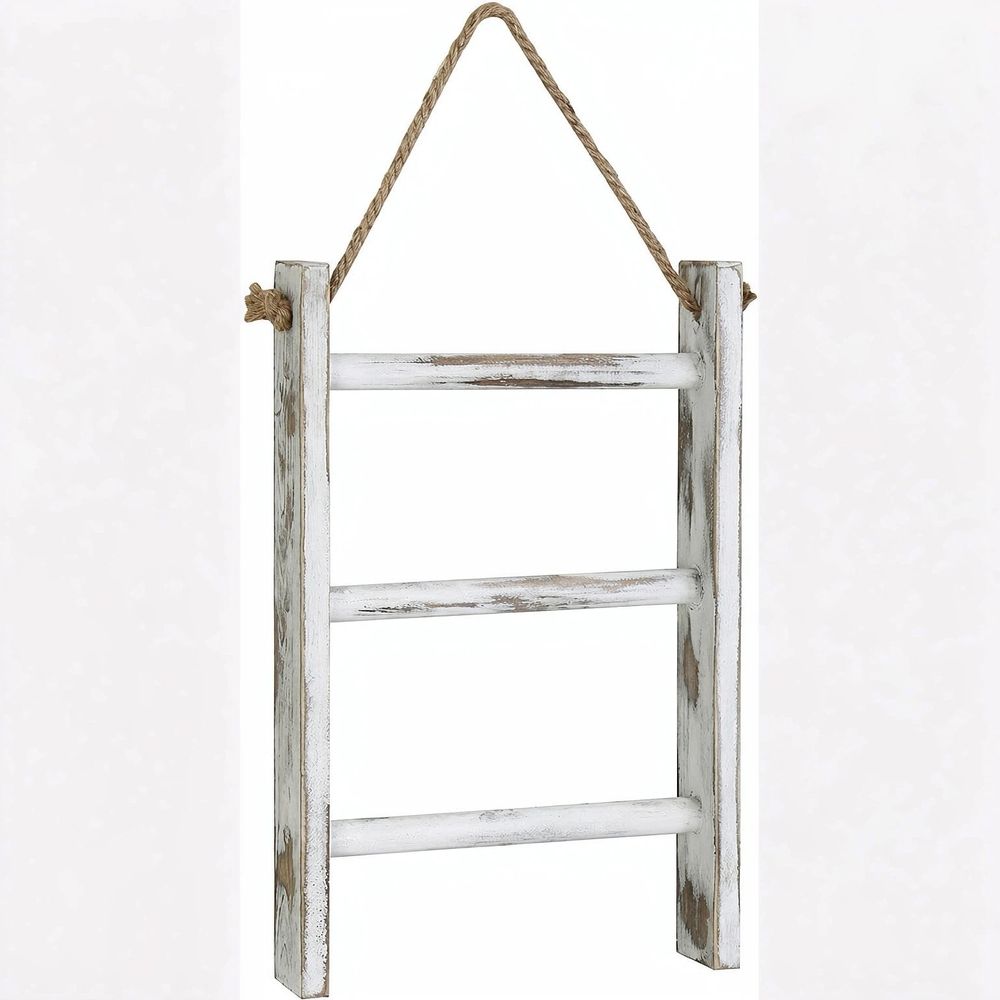 Solid Wood Wall Hanging Hand Towel Ladder Drying Rack, 3 Tier Bathroom Washcloth Hand Towel Storage Rack with Hanger Rope — image 2