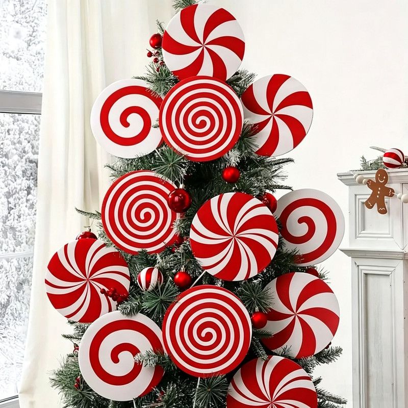 12Pcs Christmas Peppermint Lollipop Yard Stakes, Red White Candy Shape Waterproof Corrugated Plastic Tree Picks, Xmas Candy Cane Ornaments for Christmas Tree β image 2