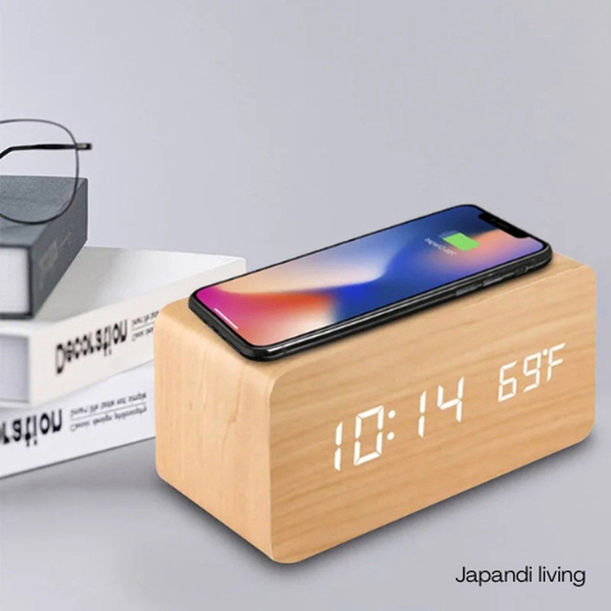 Dark Wood-Look Digital Alarm Clock with Wireless Charging, Date and Temperature Display — image 3
