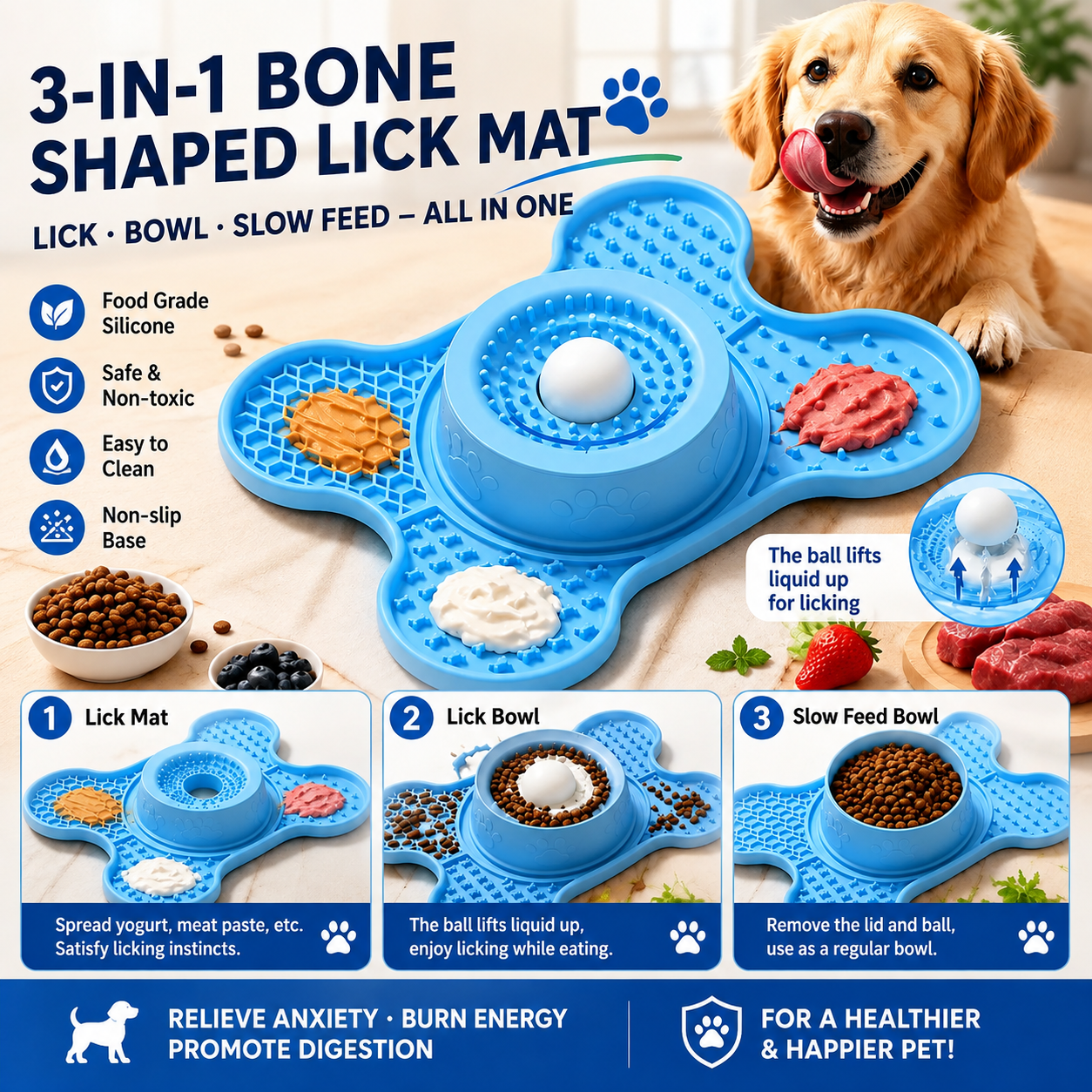 Keep your furry friend happily occupied with this 3-in-1 bone-shaped lick mat and slow feeder, featuring a textured rolling treat ball and multiple — image 4