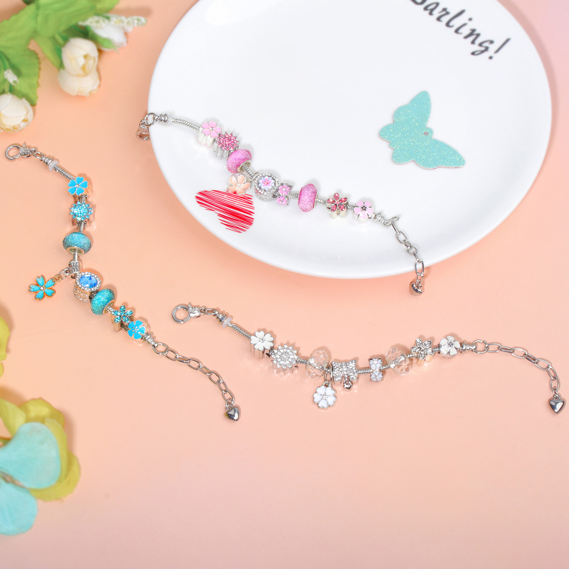 Blue Magnolia Alloy Bracelet with Rhinestones & Glaze Beads(16cm) โ image 5