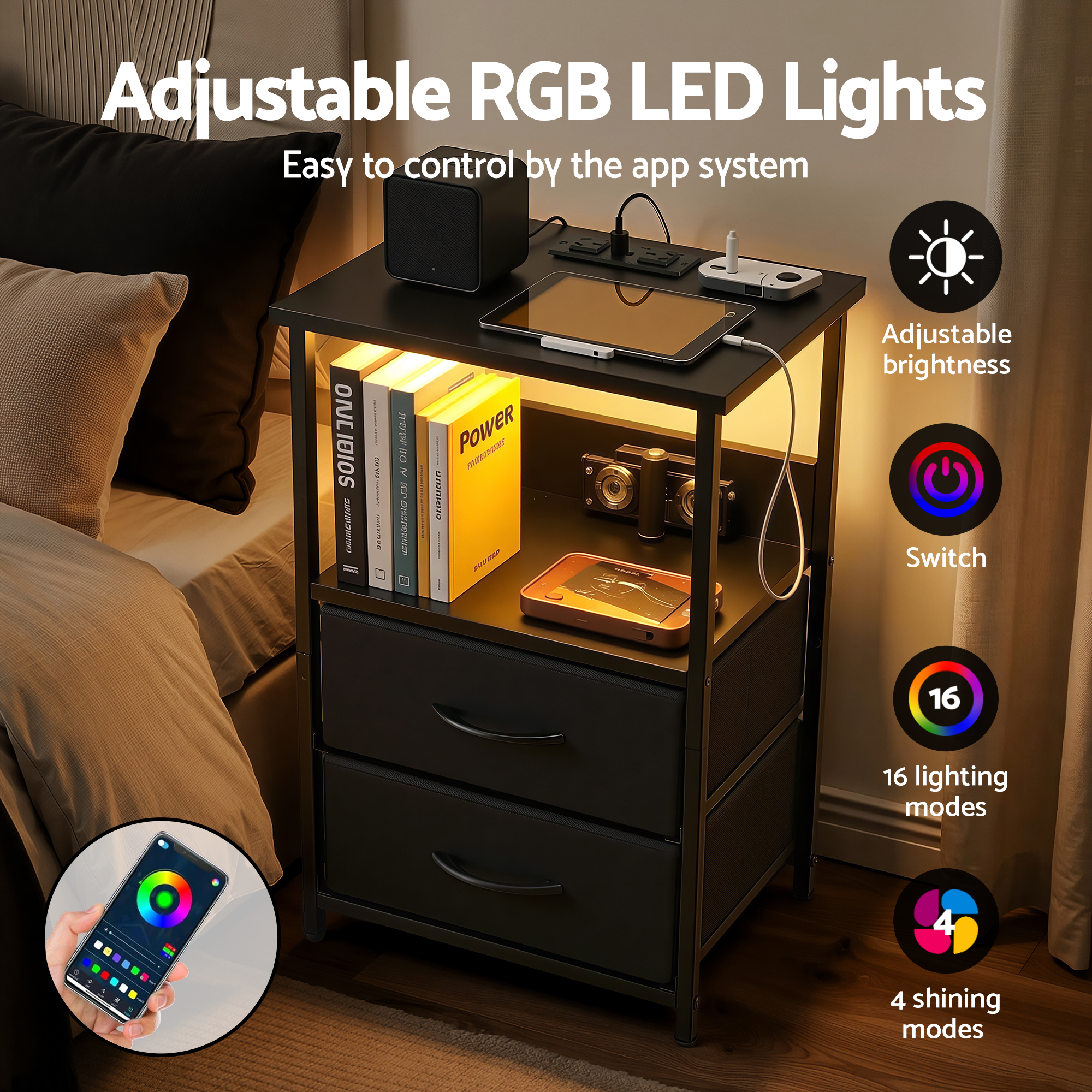 Artiss Bedside Table LED Nightstand Charging Station 2 Drawers Foldable Black — image 5