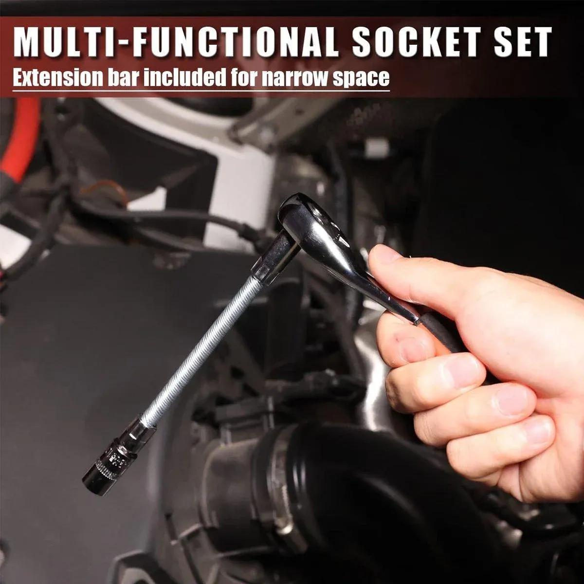 53PCS Metric Deep Socket Set 1/4" Drive Wrench with Flexible Extension Bar Tools — image 6