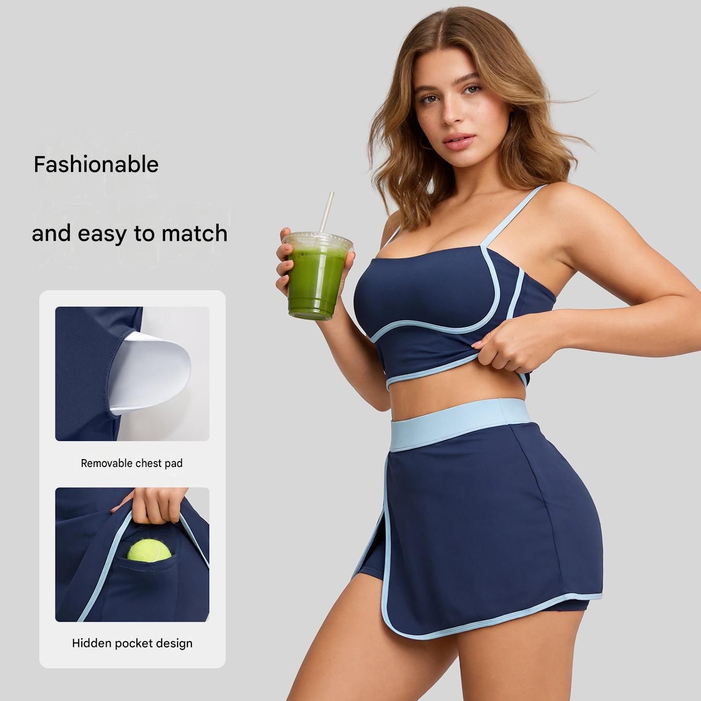 Black L Size Women's Linear Sports Set - Polyester Spandex Blend with Adjustable Straps, Removable Pads and Anti-Exposure Skirt for Yoga, Running and โ image 3