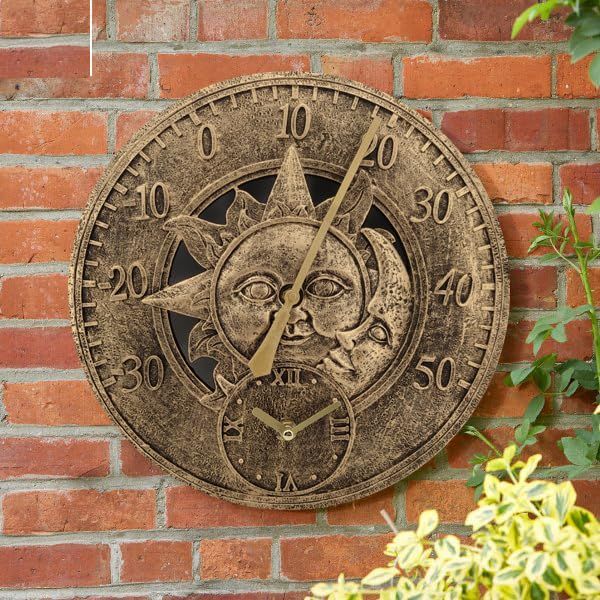 Garden Thermometer Clock Outdoor Vintage Wall Station Clock Decorative Retro Hanging Clock Sun Moon Pattern Waterproof — image 2
