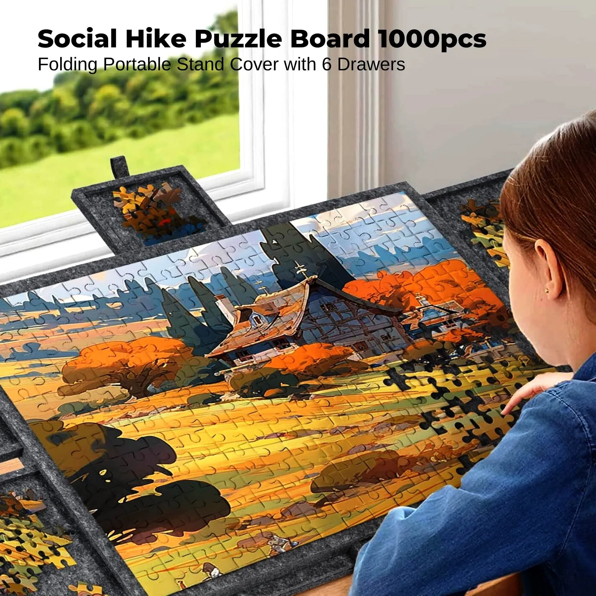 Social Hike Puzzle Board 1000 pcs - Felt Tilting Portable Cover + Drawers Grey โ image 2