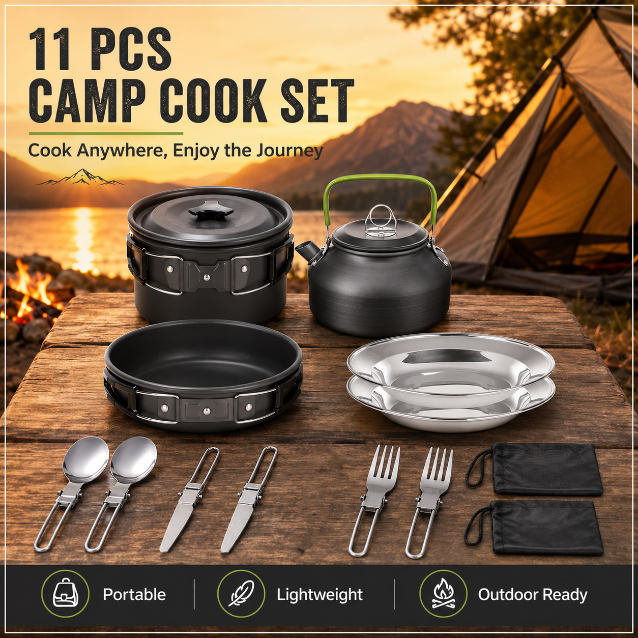 11PCS Black Camping Cookware Set – Lightweight Aluminium Camping Pots, Frying Pan, Kettle & Stainless Steel Cutlery, Portable Non-Stick Outdoor Cooking Set for