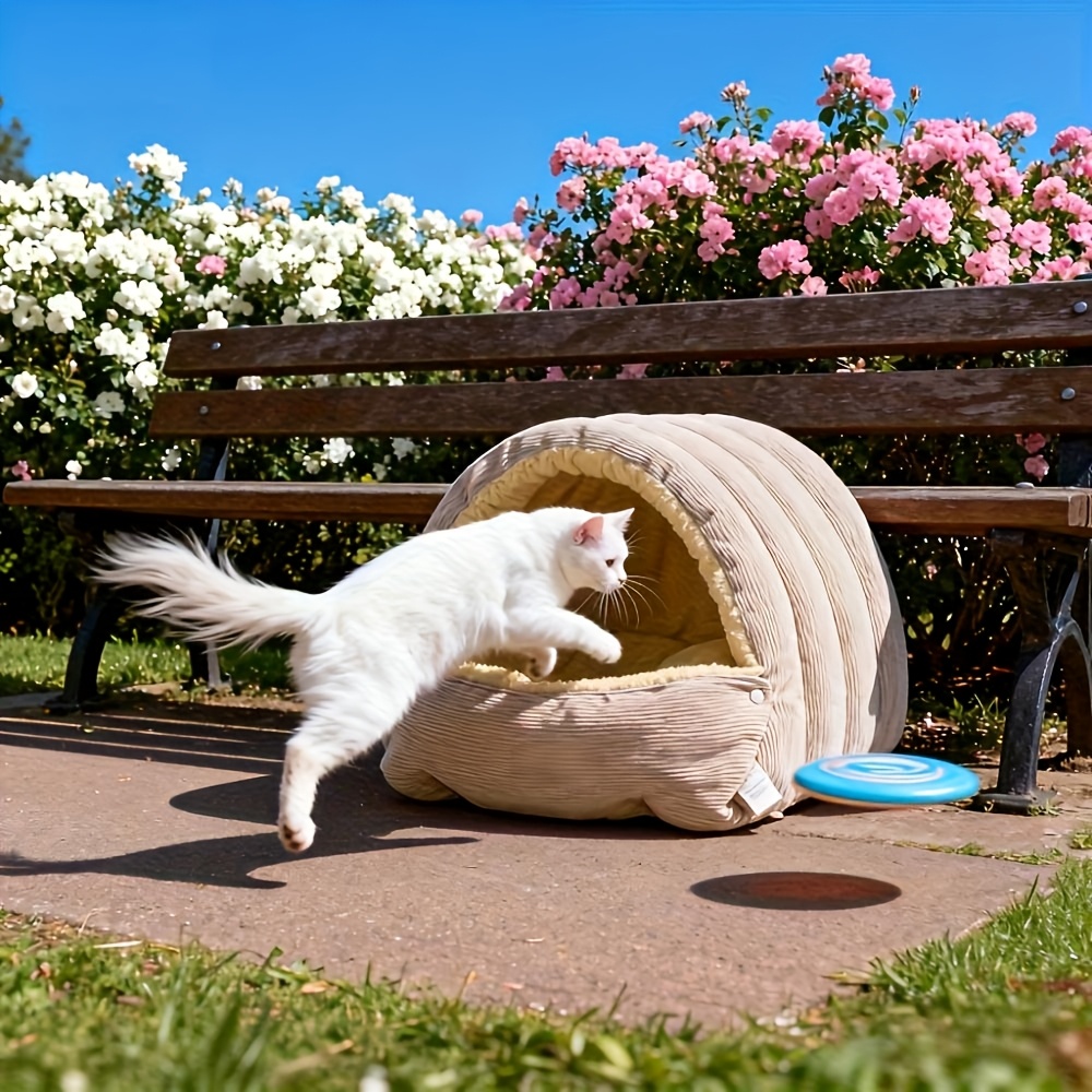 High-Elasticity Warm Cat Bed: 45×30×19cm Wrapped Design, Striped Fleece + Arctic Fleece Heat Retention, Removable & Washable(light GREEN) — image 5