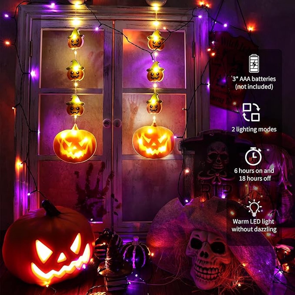 Halloween Decoration Window Lights - Orange Pumpkin Lantern Lights - Halloween Fairy Lights - 2 Pieces LED Indoor Autumn Decoration Pumpkin Christmas Lights — image 3