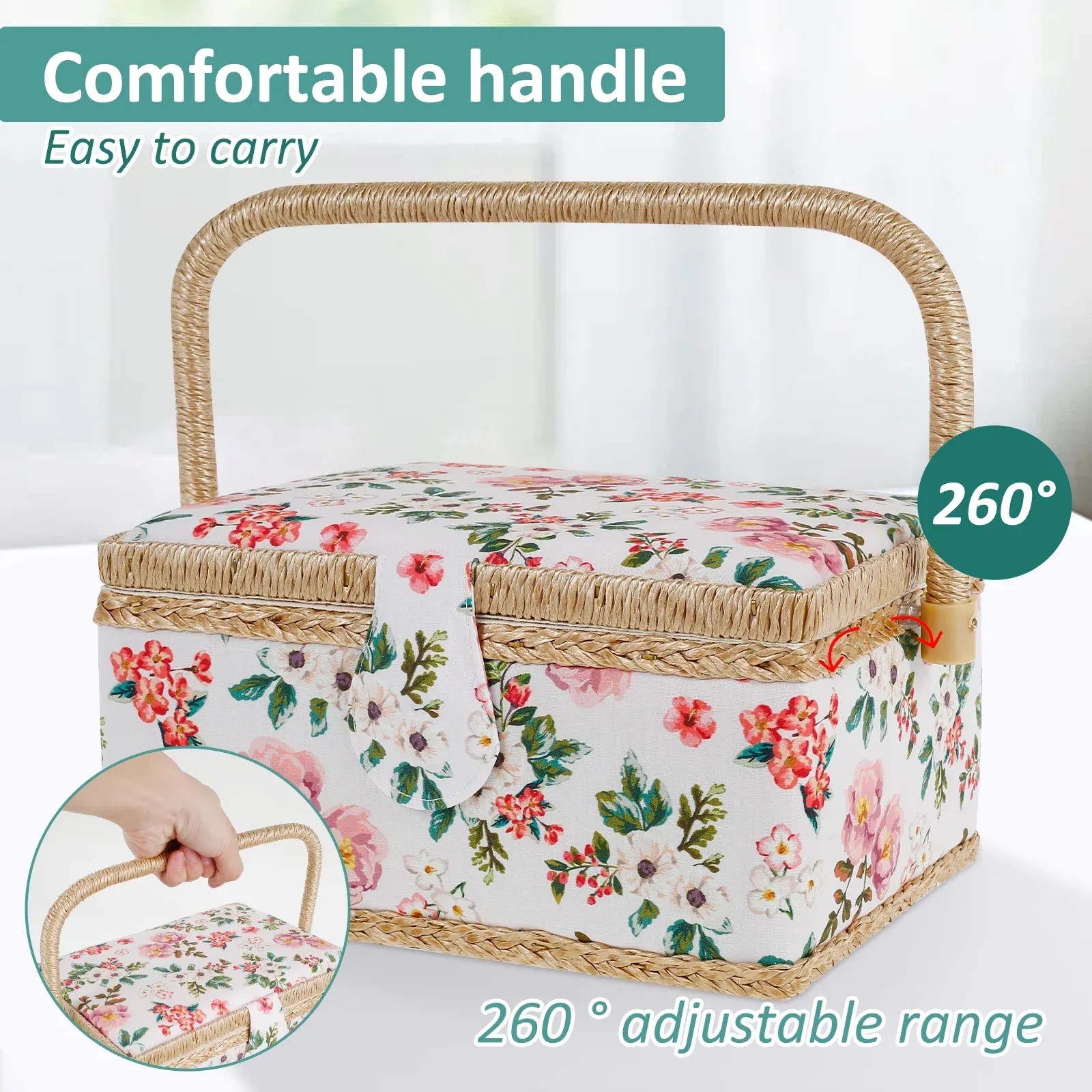 Sewing Basket with Removable Tray, Pin Cushion and Floral Fabric Organizer for Craft Supplies โ image 6