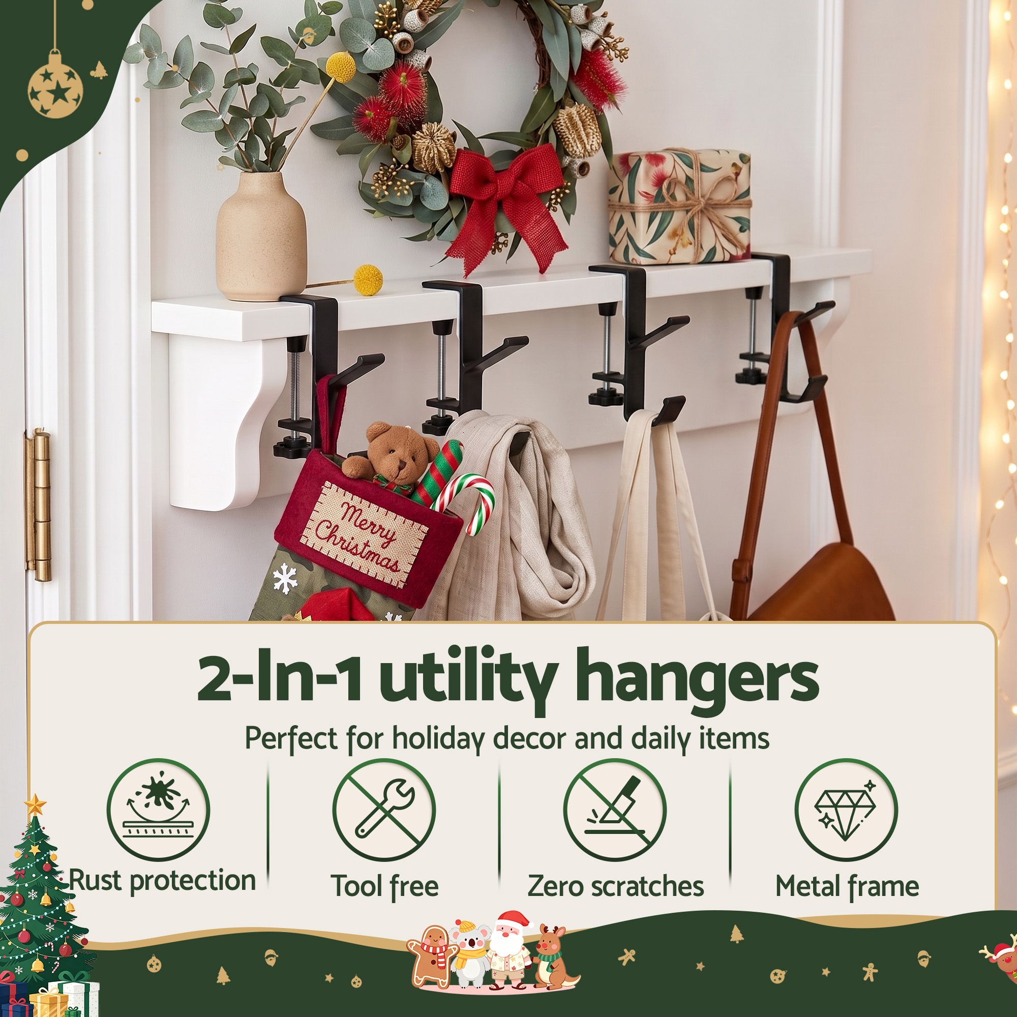 Jingle Jollys Christmas Garland Hangers X4 Stocking Hooks Wreath 2-In-1 No Drill โ image 4