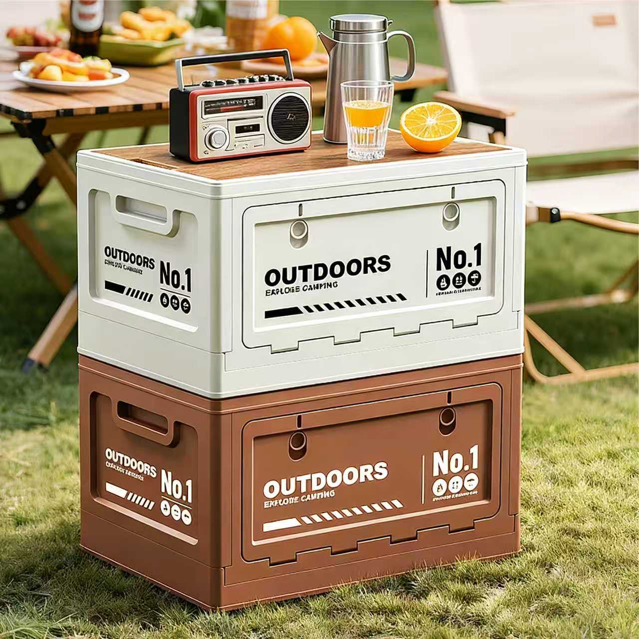 40cm Green Multifunctional Foldable Storage Box with Wooden Lid - Collapsible Outdoor Camping Crate, Stackable Home Organizer with Side-Opening Doors for Car โ image 3