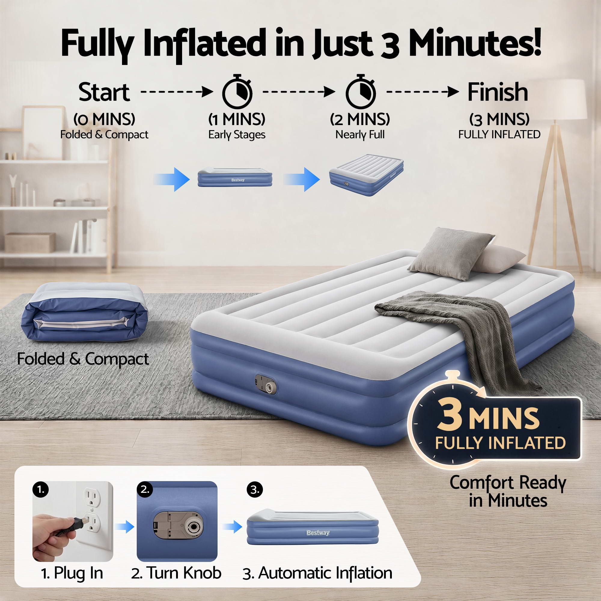 Bestway Queen Air Mattress with Built-in Pump Tritech Inflatable Bed 46cm — image 5