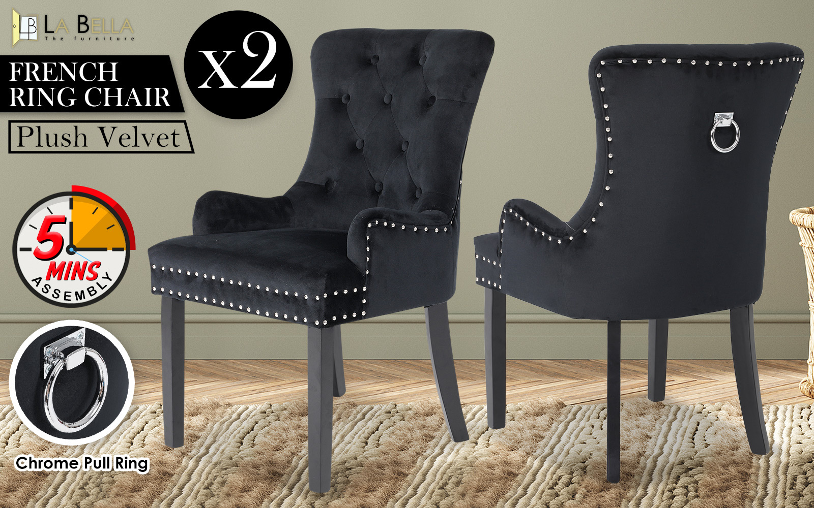 2X French Provincial Dining Chair Ring Studded Velvet Rubberwood Leg LISSE BLACK โ image 2