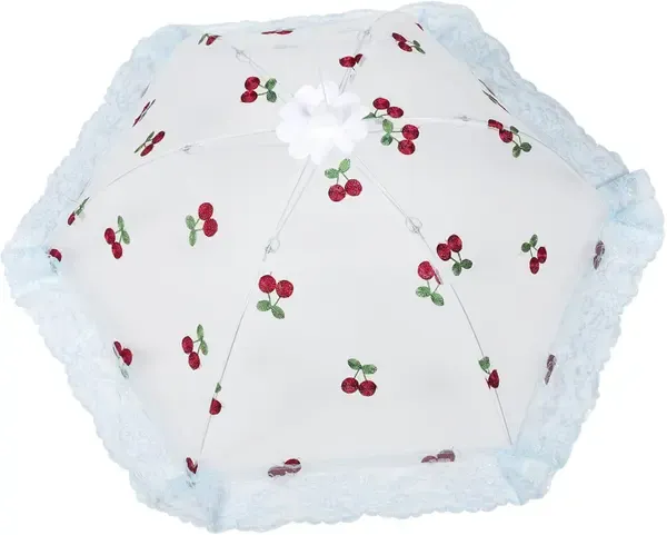 Collapsible Mesh Food Cover Tent with Cherry Pattern for Outdoor BBQ, Picnics, Kitchen Tables, Cakes and Dish Protection, White