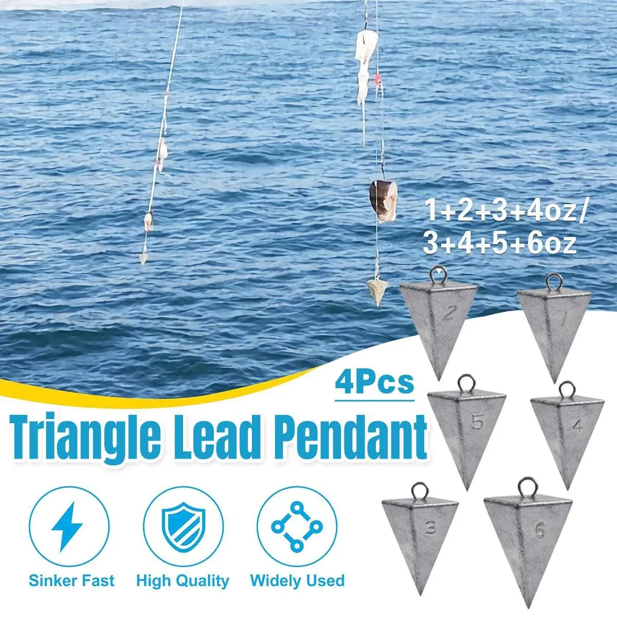 Four Sided Triangular Fishing Lead Sinker with Ring Conical Drop Weight Tackle - 3+4+5+6OZ — image 2