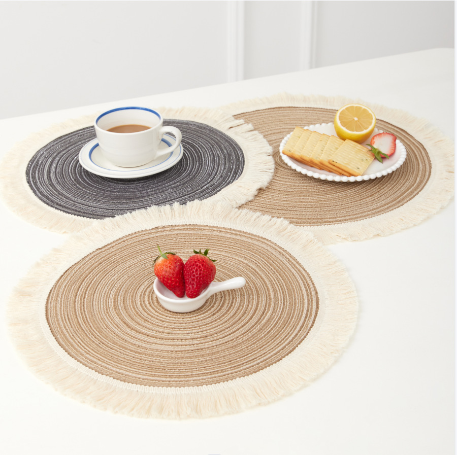 Grey Chic Round Woven Placemats with Tassel Fringe - Set of 4, Cotton Ramie Blend, Heat Resistant Table Mats — image 3