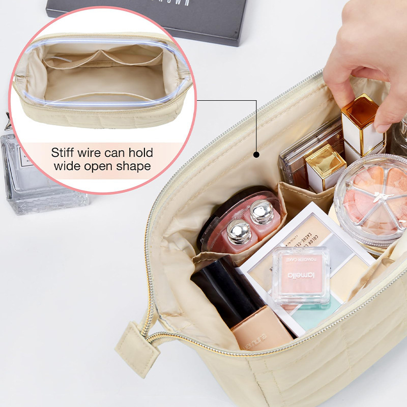 Beige Chic Quilted Puffer Makeup Bag - Large Capacity Travel Cosmetic Organizer with Wide Opening โ image 4