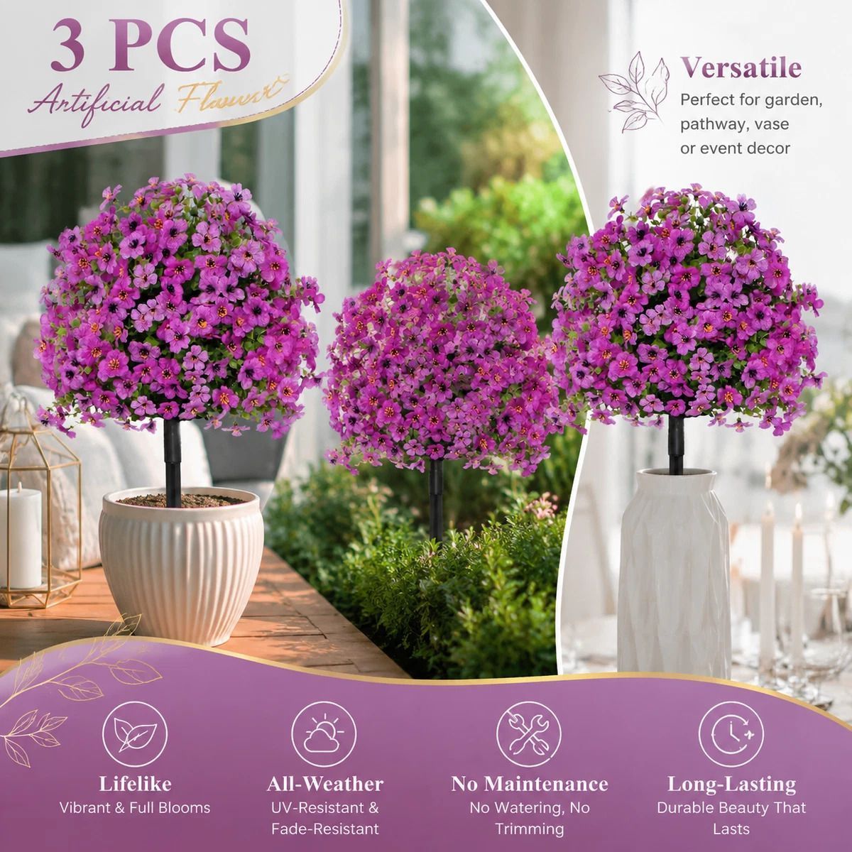 Fuchsia Faux Eucalyptus Stems Set of 3 Patio Insert Indoor Decorative Florals