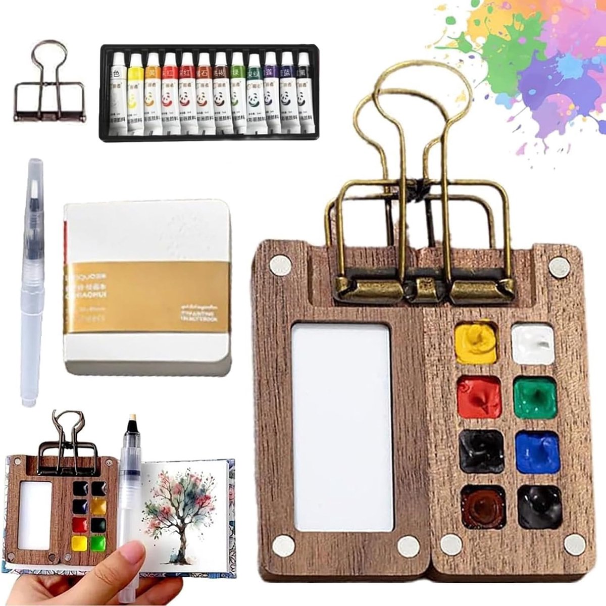 Mini Watercolor Paint Set for Travel - Portable Palette with 8 Grids - Pocket Watercolor Set - Pocket Travel Paint Tray Box - Portable Artist Palette Sets with