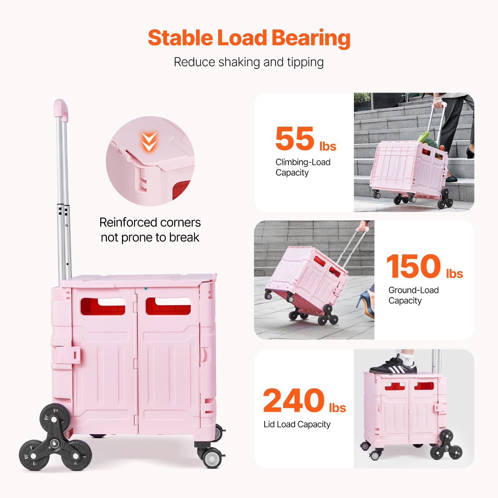 Foldable Utility Cart, 65L Collapsible Portable Crate Rolling Cart with Stair Climbing Wheels & 360° Swivel Wheels, Hand Cart with Telescoping Handle for — image 3