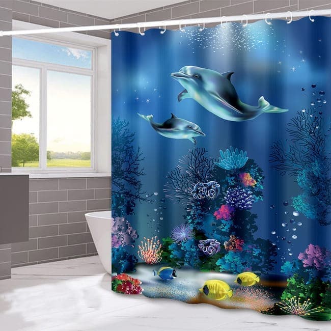 Waterproof Shower Curtain with Sea Turtle and Dolphin Motif, 180x180 cm, Dark Blue, Mildew Resistant