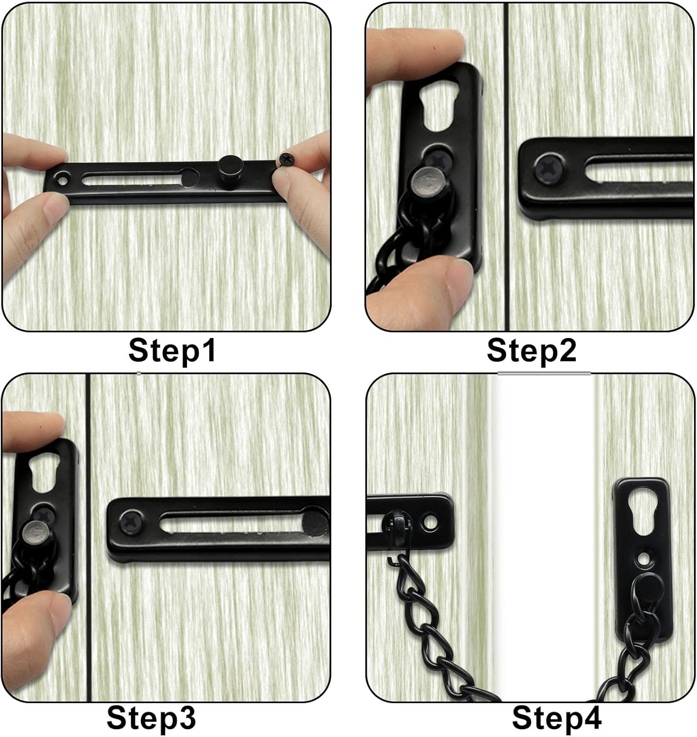 Heavy Duty Door Chain Lock with Mounting Screws, Stainless Steel Door Chain Guard for Front Doors, Pet Safe (Black, 2 Pack) — image 4
