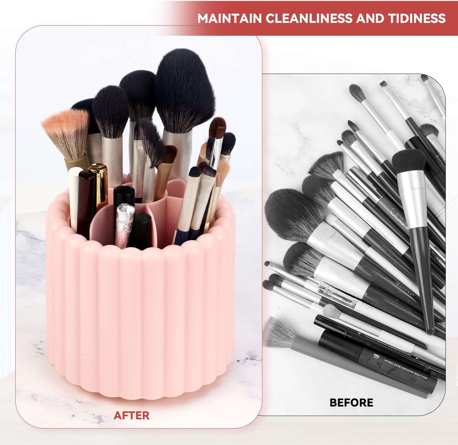 1 Pack 360° Rotating Makeup Brush Organizer, 7 Slot Make up Brush Holder for Vanity, Dresser, Desk (Pink) — image 6