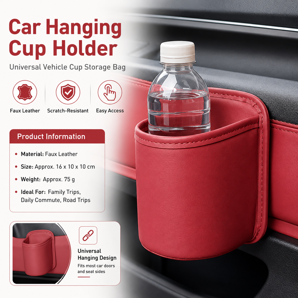 Red Universal Car Door Cup Holder - PU Leather Hanging Storage Organizer for Seat Back and Console side and Door storage compartment - Multi-Purpose Beverage