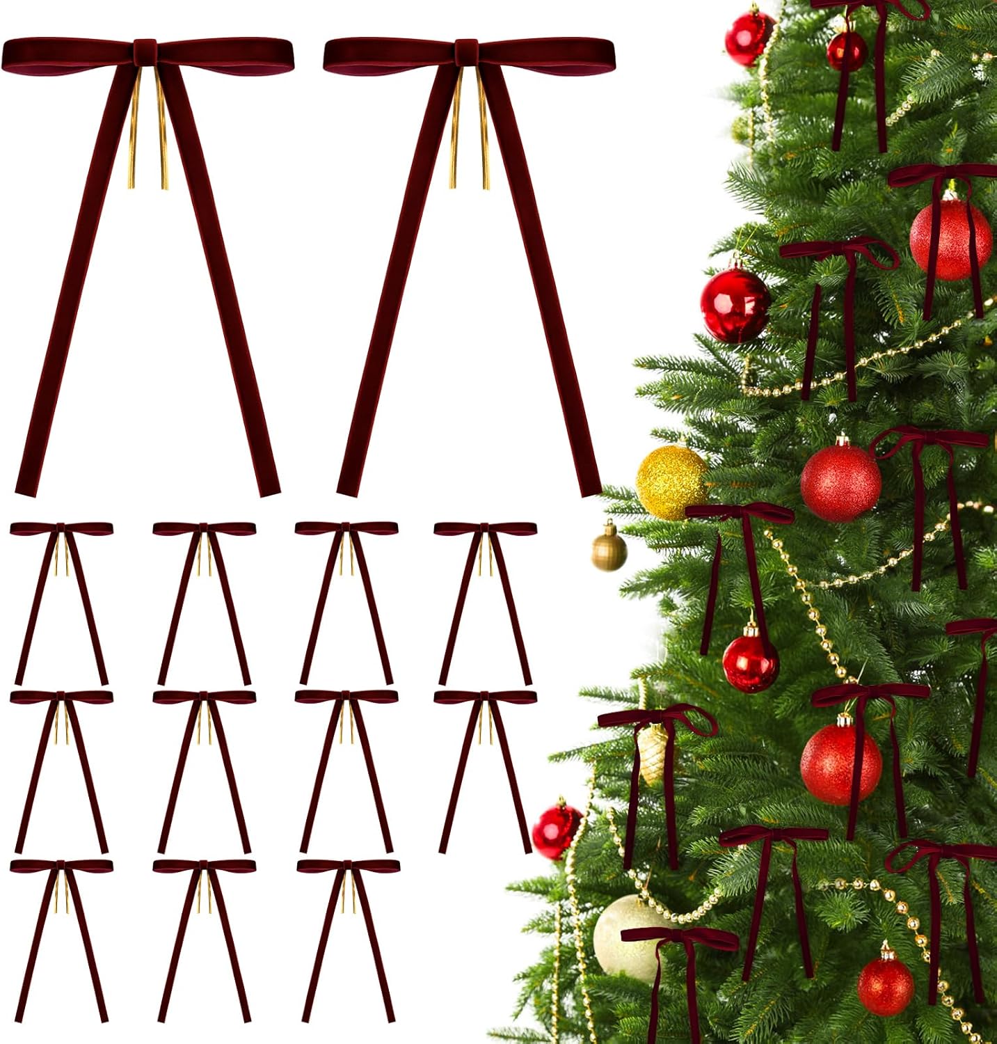 24 Pcs Burgundy Velvet Bows Vintage Rustic Velvet Ribbon Bows Ornaments for Christmas Tree Garland Wreaths Gift Wrapping Holiday Decor Indoor and Outdoor 3/8''