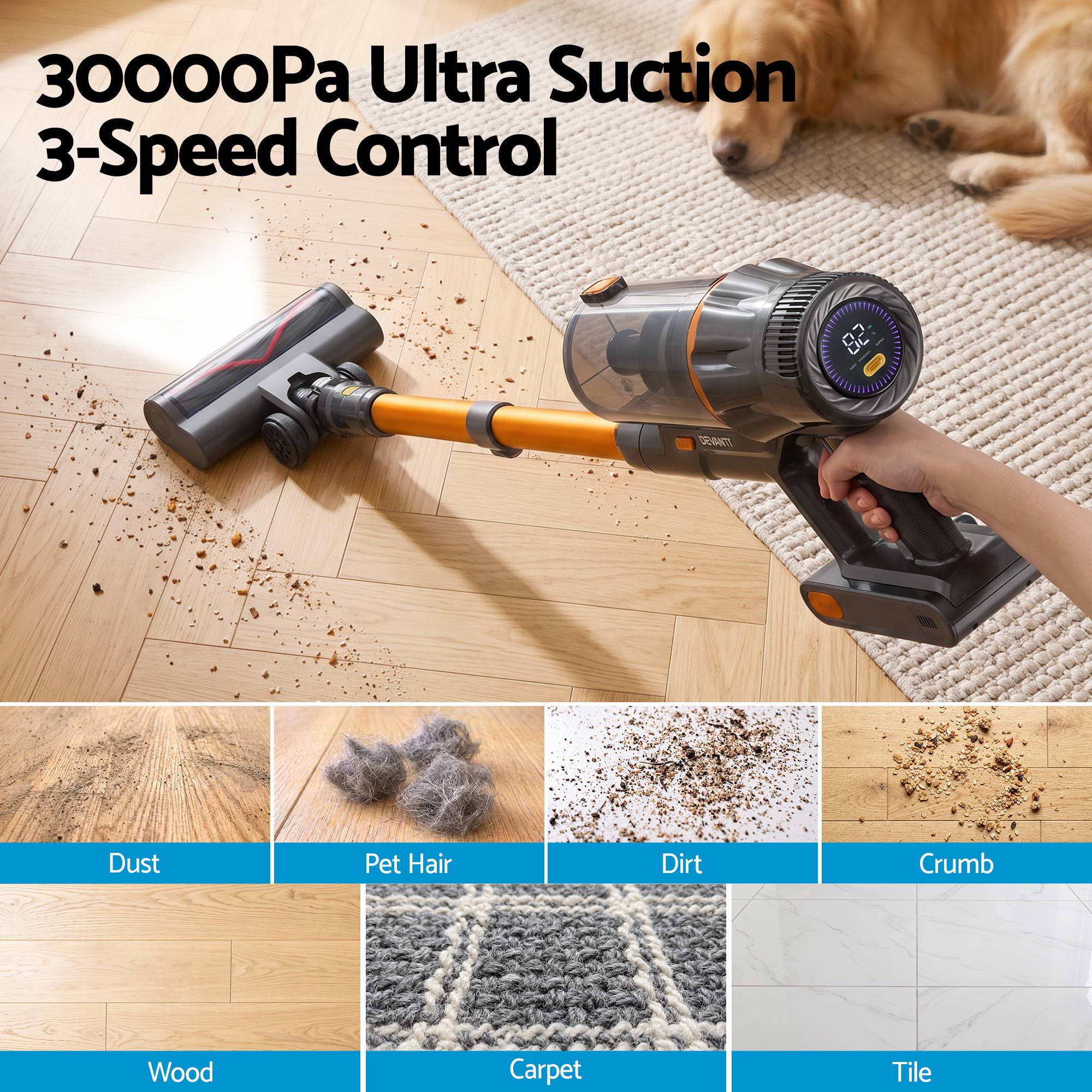 DEVANTI 30000Pa Cordless Stick Vacuum Cleaner 4-in-1 Handheld Vac, Gold — image 4