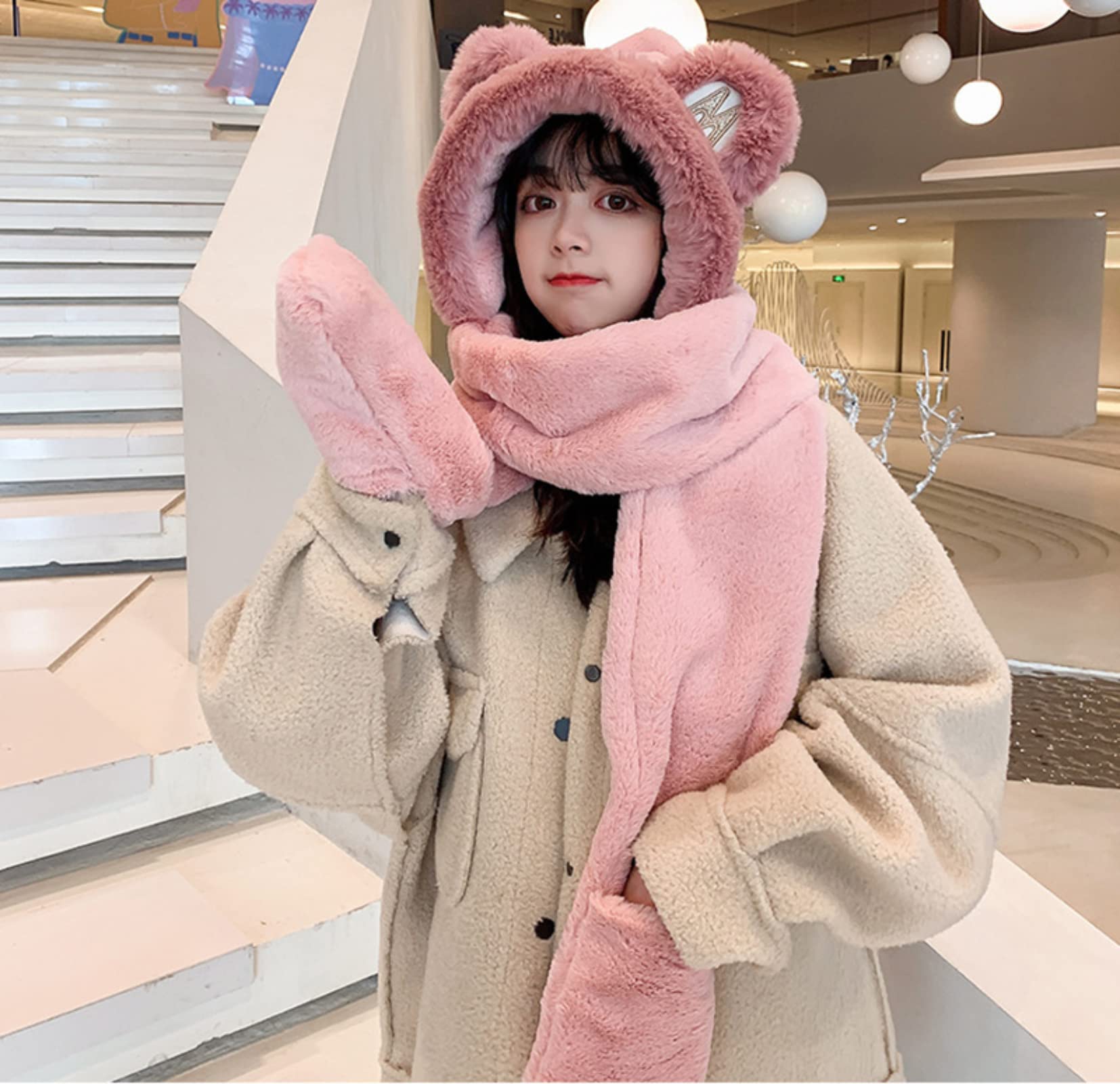 Winter Hat - Scarf - Mittens - 3 in 1 Set - Teddy Hat - Women's Winter Hat - Girls' Hat - Plush Hat - Hat with Ears - Warm Winter Set - Bear Hat - Soft Scarf — image 4