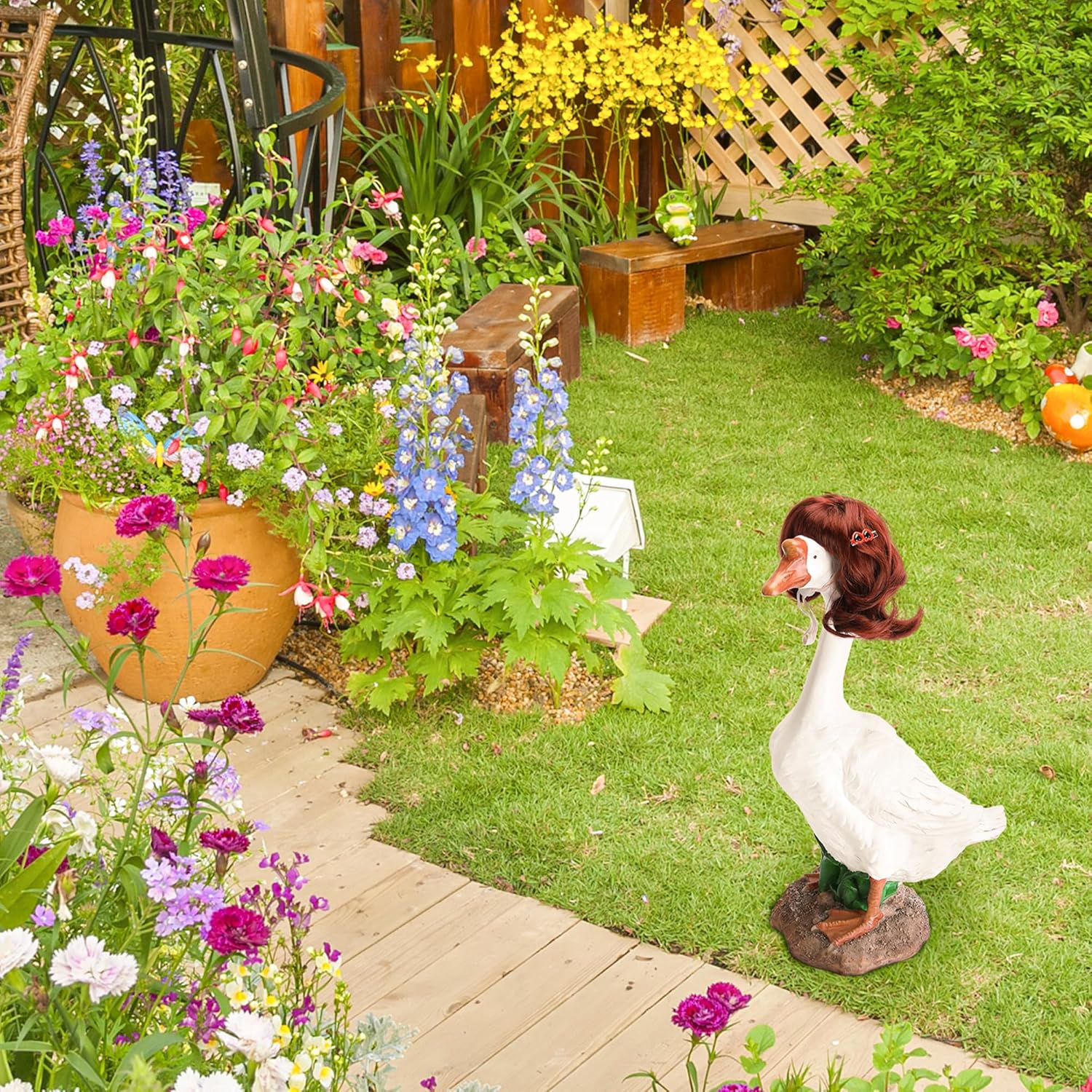 4 Pcs Porch Goose Wigs with Hair Clips, Cute Lawn Goose Statue Braid Wig, Porch Goose Outfits Costume for Outdoor Garden Patio Yard Goosey Decoration — image 4