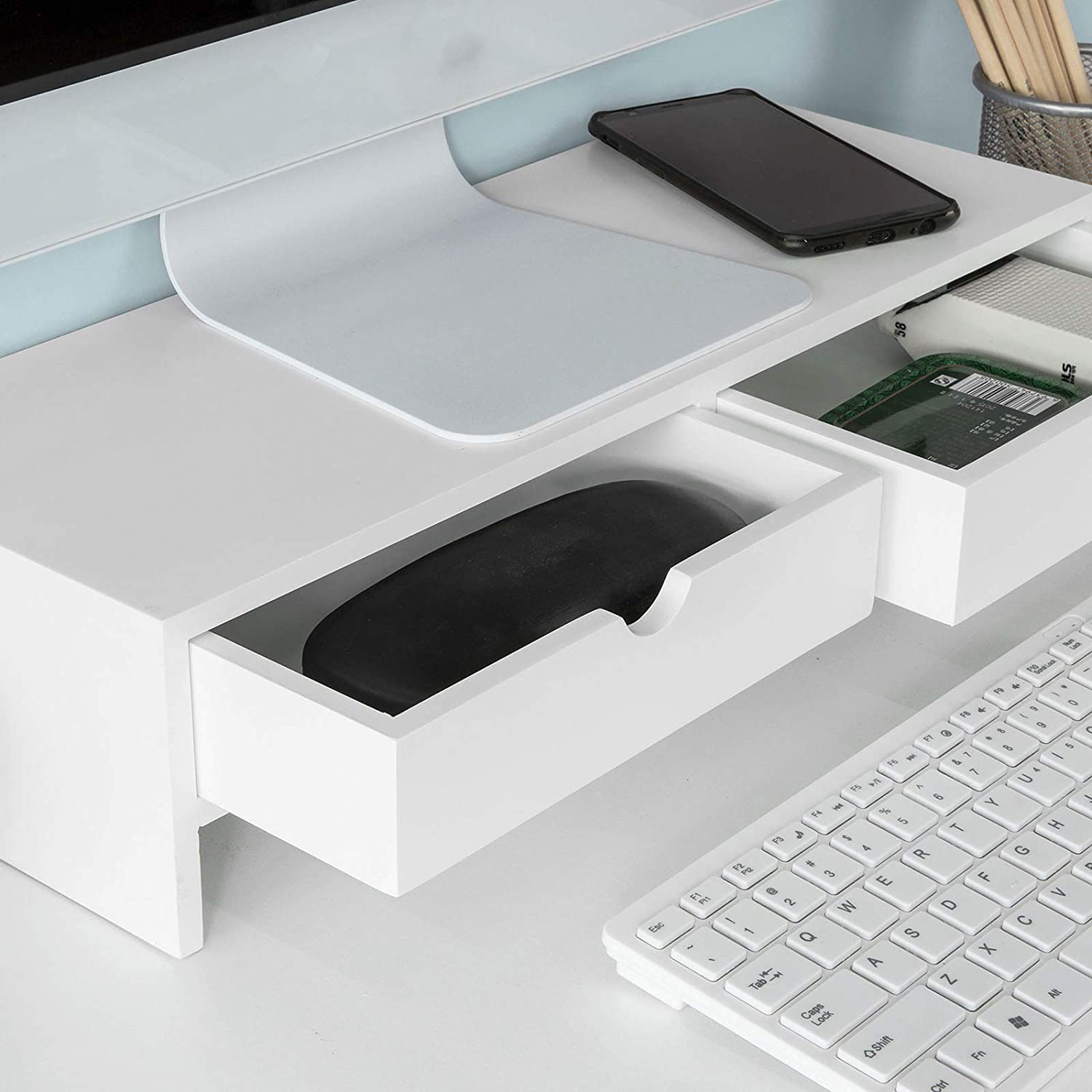 White Monitor Stand Desk Organizer with 2 Drawers — image 5