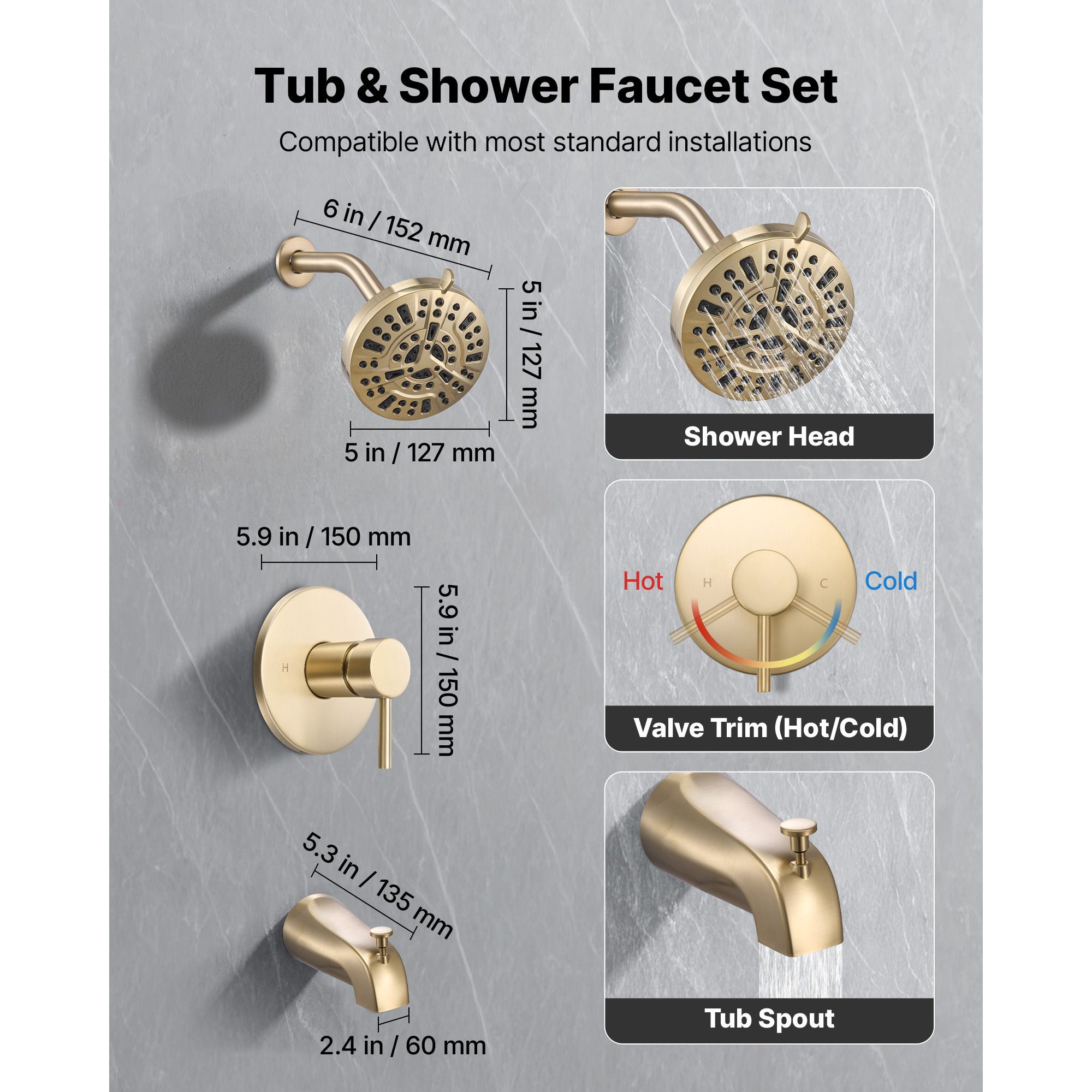Tub and Shower Faucet Set, Complete with 127 mm Rainfall Shower Head and Bathtub Spout, 8-Setting Adjustable Spray, Single-Handle Tub Trim Kit with Brass โ image 2