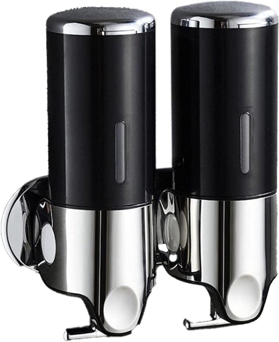 Soap Dispenser - 2 in 1 Liquid Dispenser - 2 × 500 ml - Wall Mounted Soap Dispenser - Kitchen - Bathroom - Shower - 24.1 × 21.6 × 10 cm - Black
