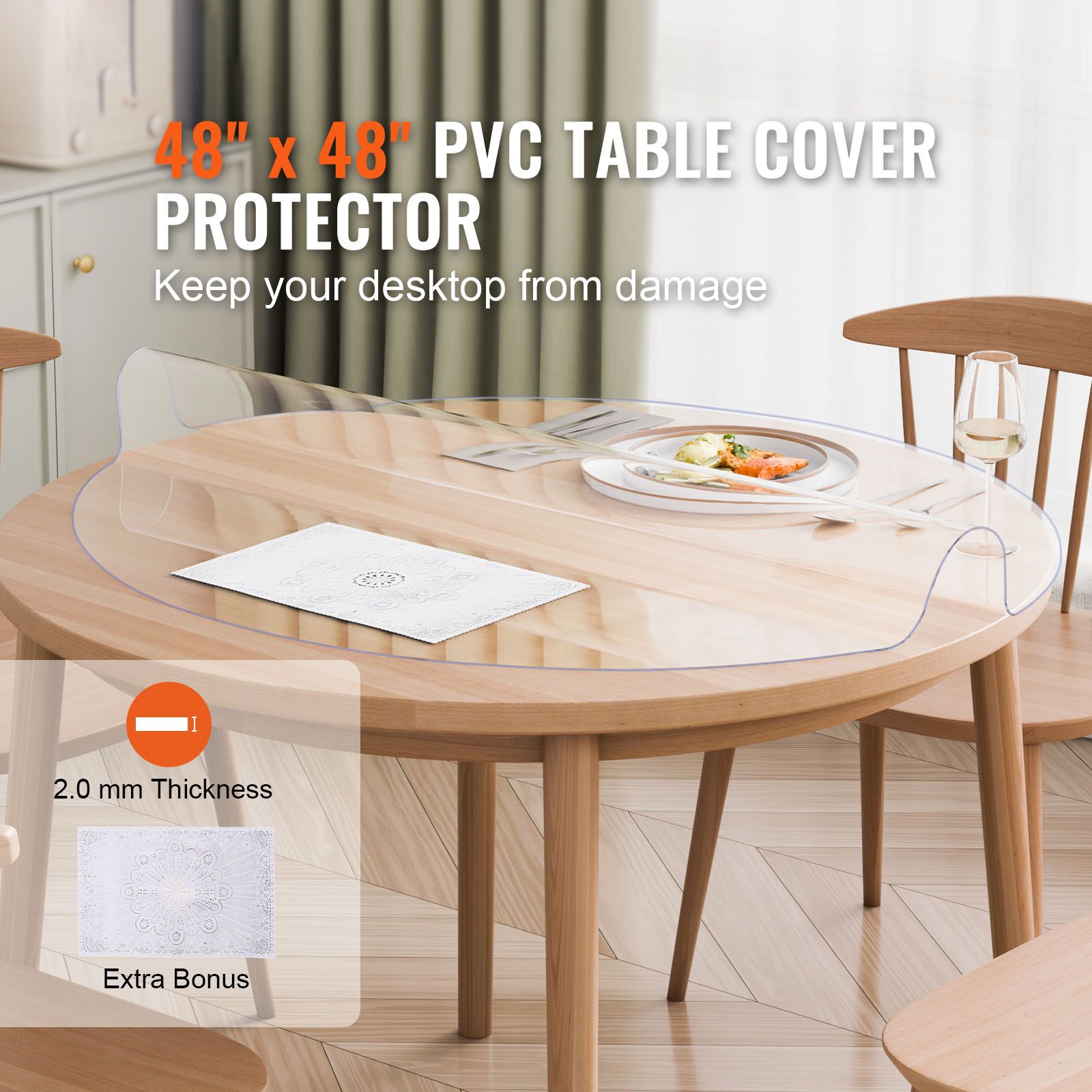 Plastic Table Cover, 48 × 48 Inch 2.0 mm Thick Clear Table Protector, Round PVC Desk Mat, Waterproof & Easy Cleaning Desk Pad Tablecloth, for Office Dresser — image 2