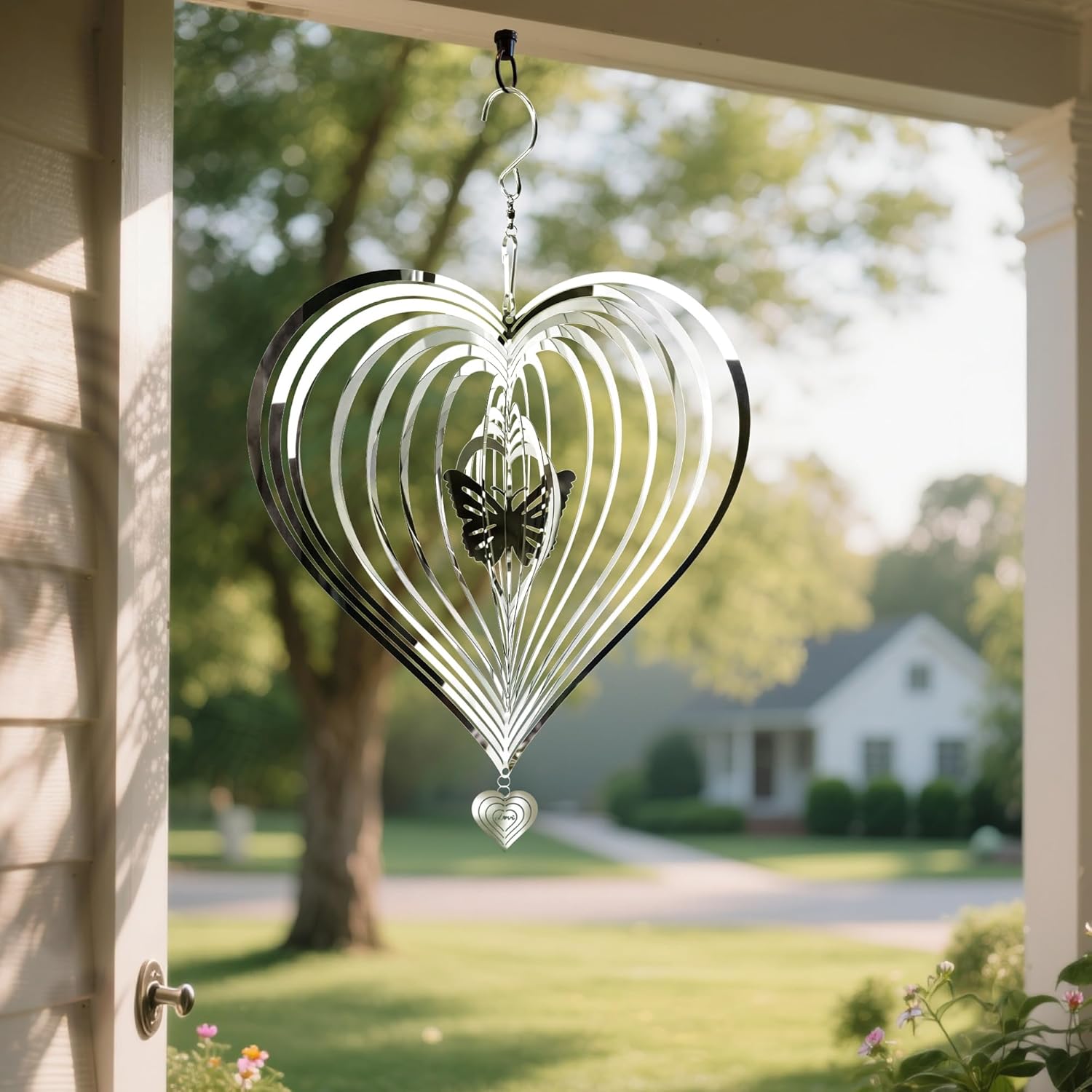 HOOSUN Metal Wind Spinners Outdoor for Yard and Garden Decor,Reflective Bird Deterrents for Outside Windows Patio Porch,Stainless Steel 3D Hanging Heart — image 2