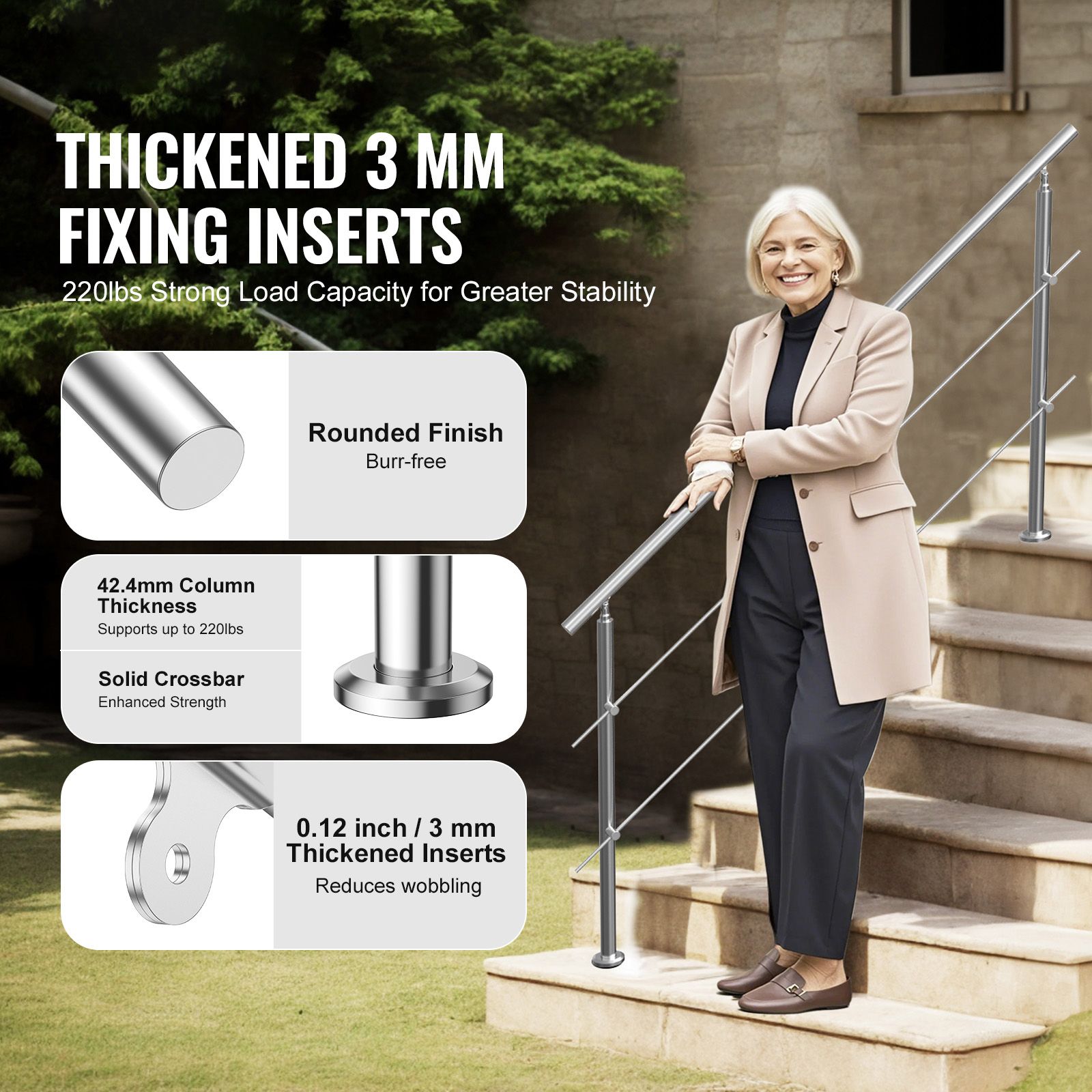 Handrails for Outdoor Steps, 70.9in Length 2 Crossbars Stair Hand Rail Kit, Transitional Stainless Steel Railings w/ Installation Kit, Double-column โ image 2