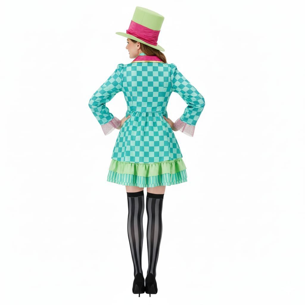 Hatter Costume Women Mad Tea Party Halloween Cosplay Dress with Bowtie Top Hat Leggings Mardi Gras Parade Outfits - Green - Size XS — image 2