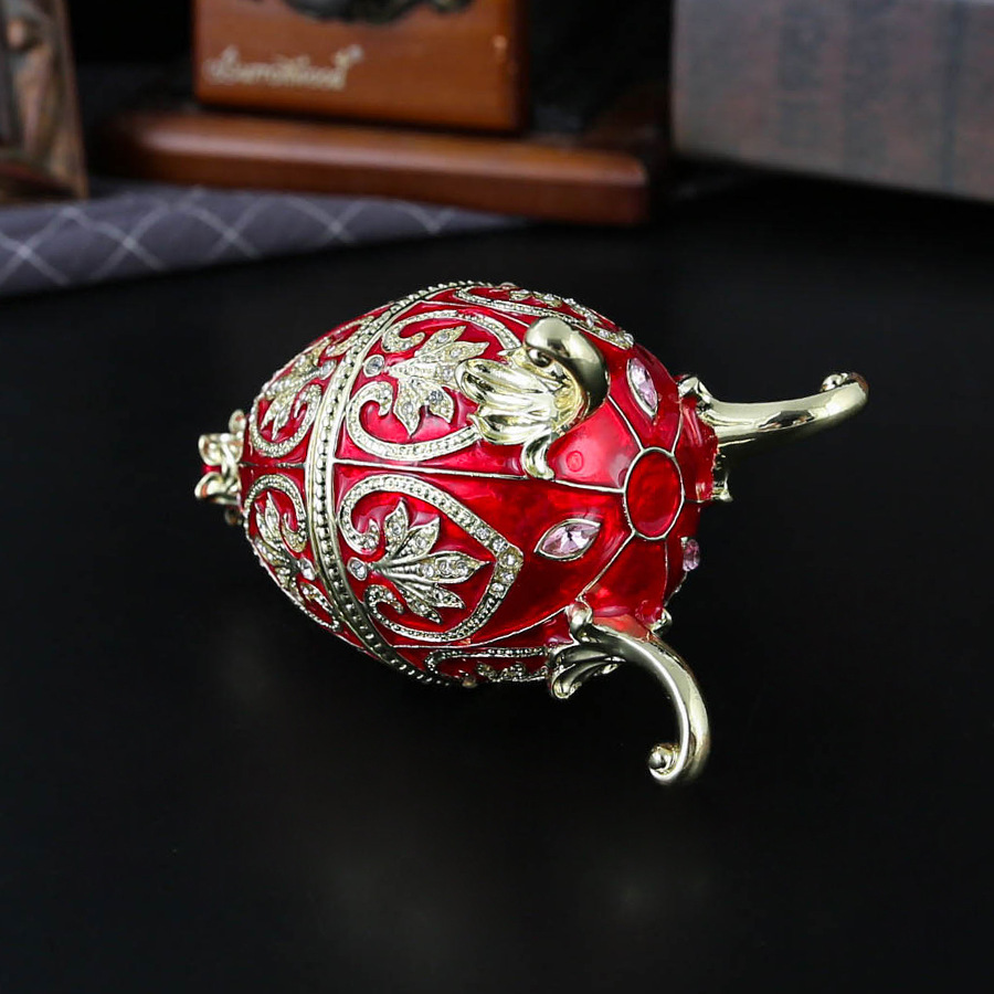 Red Vintage European Rhinestone Inlaid Embossed Enameled Jewelry Box - Hand-Painted Easter Egg Metal Craft — image 4