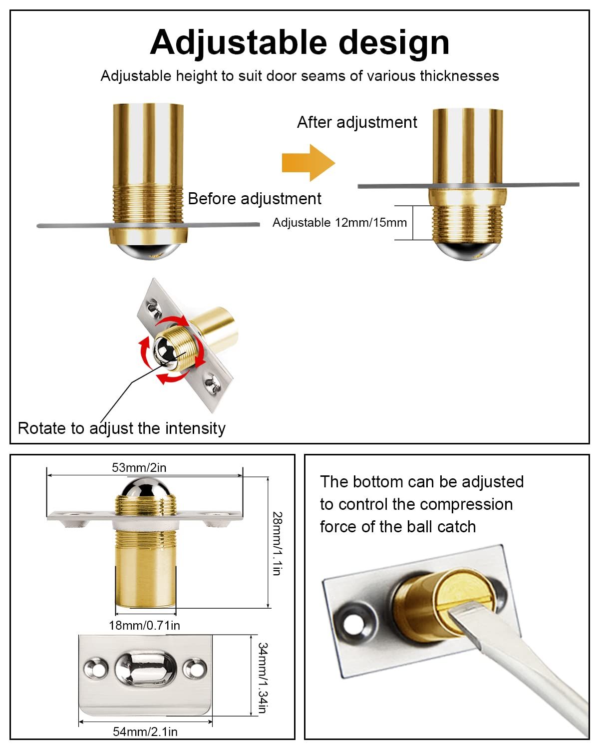 Ball Catch Door Hardware Jiay Door Ball Catch Top of Door French Door Ball Catch Latch Adjustable Roller Ball Catch Drive โ image 2