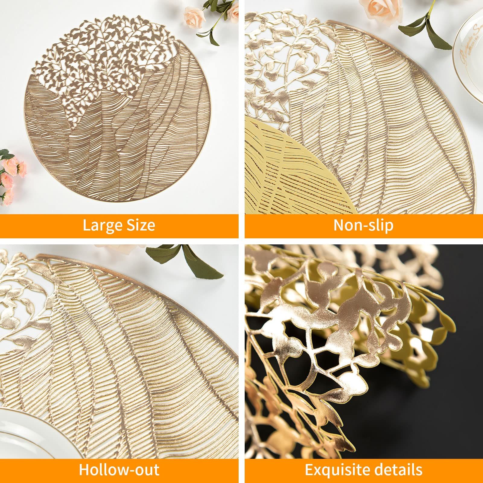 Round Vinyl Placemats Set of 6 Gold Leaf Table Mats 6pcs Indoor Outdoor Hollow Metallic Plate Non-Slip for Dinner,Party — image 5