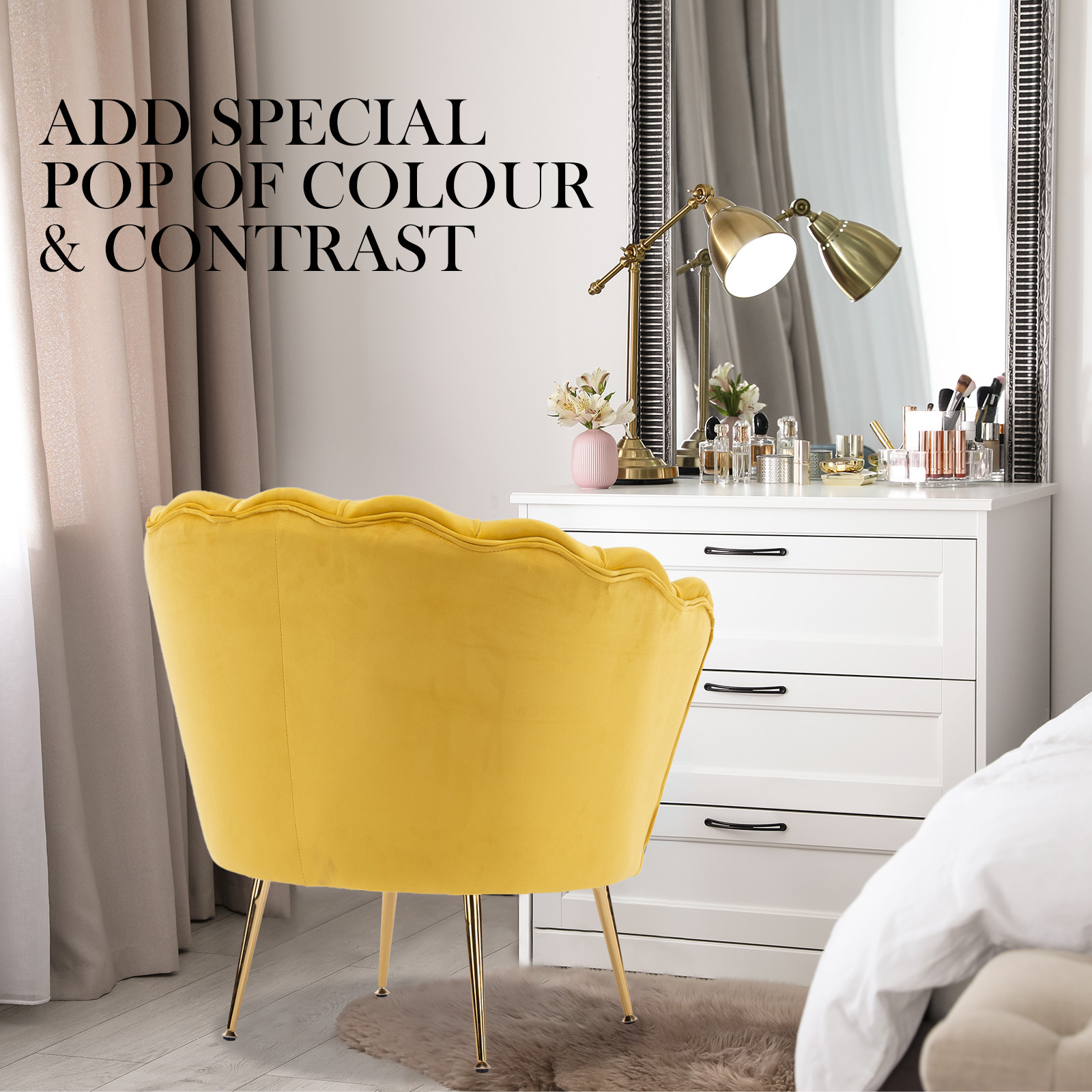 Armchair Lounge Chair Accent Velvet Shell Scallop + Round Ottoman Footstool YELLOW โ image 5