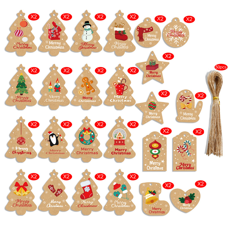 50Pcs Christmas Kraft Gift Tags with Jute Twine, Assorted Merry Christmas Paper Hang Tags, Xmas Tree Shape Label Tags for Gift Wrapping, Christmas Tree