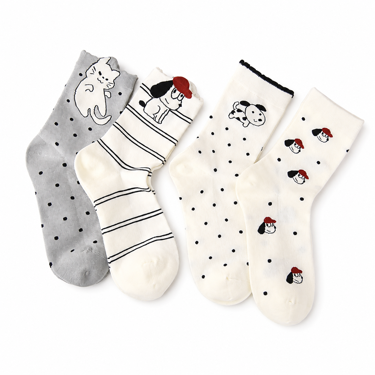 4 Pairs Women's Cartoon Animal Crew Socks (Four mixed)- Lightweight Breathable Mid-Calf Cotton Socks for Spring Summer, Casual Everyday Wear and