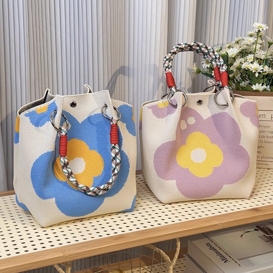 Handbags - Vintage Knitted Shoulder Bags - Casual Knitted Bags - Floral Design - Woven Handle Shopper for Daily Outings & Shopping(Blue) — image 4