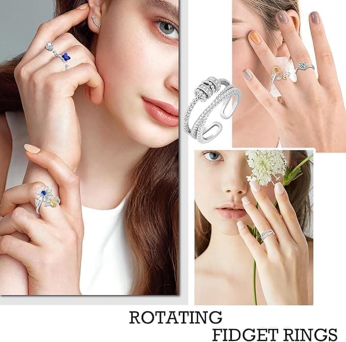 5 pcs Anti Stress Ring with Rotating Beads Fidget Spinner, Silver โ image 3