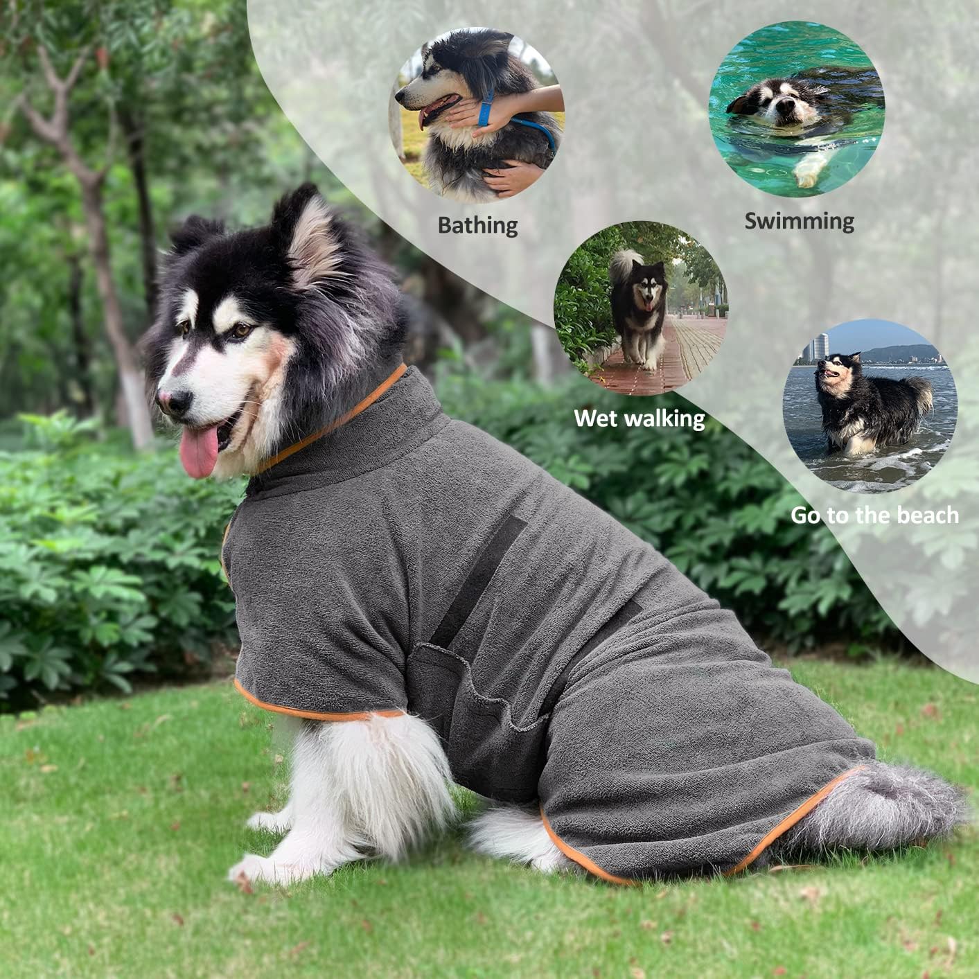 Dog Bathrobe - 1 Piece - Size M - Grey with Orange Piping - Absorbent Dog Towel - Adjustable Strap Dog Robe - Pet Drying Coat — image 3